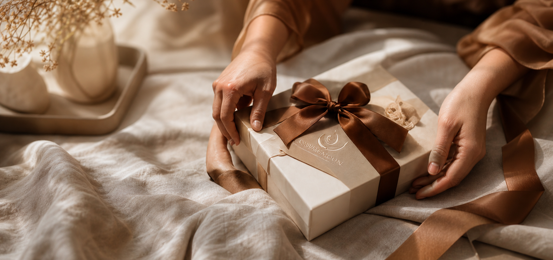 Wrapped Candlemoon gift being held on soft linen