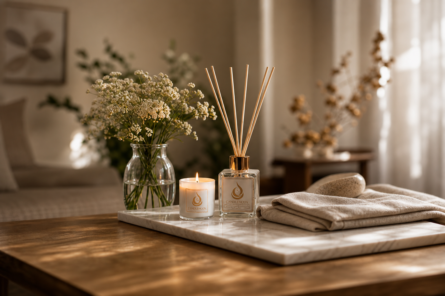 Candlemoon fragrance diffuser and candle styled in a warm interior