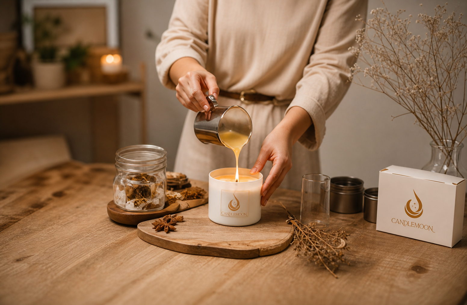 Candlemoon workshop candle pouring scene